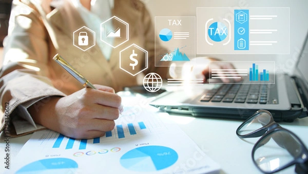 Fototapeta businesswoman organizing tax checklist through virtual interface. Tax planning services to maximize tax savings and optimize business finances