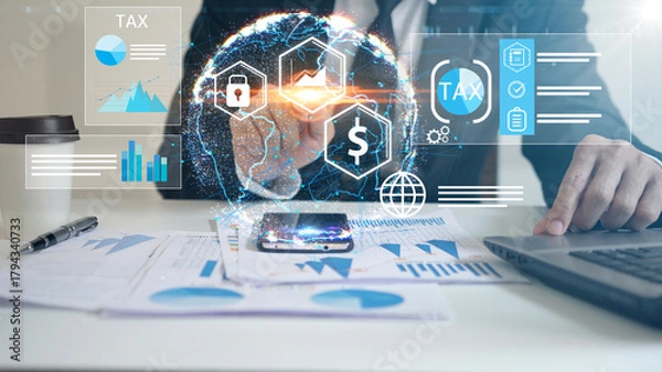 Fototapeta businessman organizing tax checklist through virtual interface. Tax planning services to maximize tax savings and optimize business finances