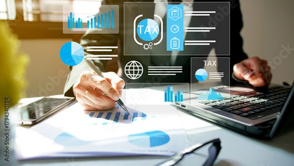 Fototapeta businessman organizing tax checklist through virtual interface. Tax planning services to maximize tax savings and optimize business finances