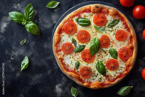 Fototapeta Margherita Pizza with Tomato and Basil on Black Surface