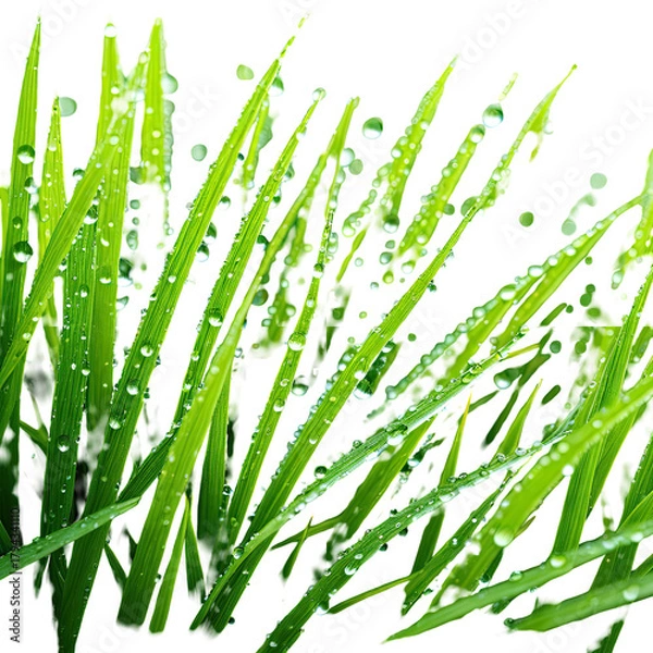 Obraz Blades of green grass covered with water droplets; fresh