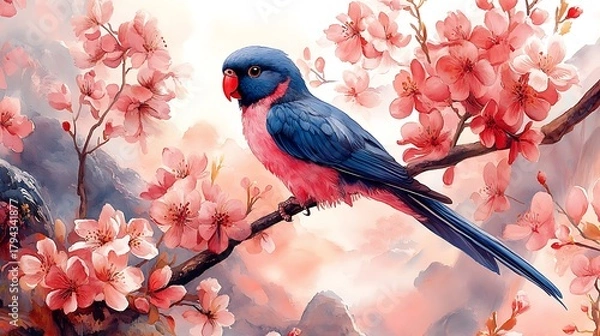 Obraz Parrot among cherry blossoms