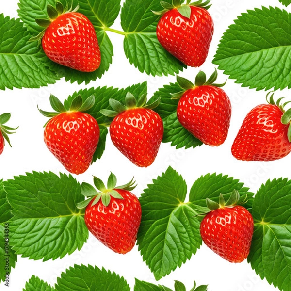 Fototapeta Ripe strawberries with vibrant leaves against a black background
