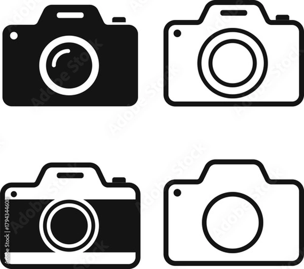 Fototapeta Camera, set of camera icons isolated on white background. Vector, designer illustration, web banner, poster.