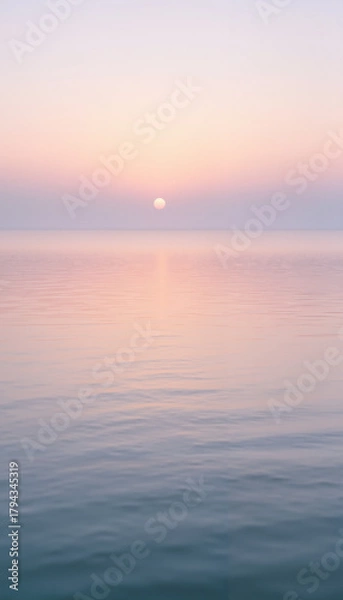 Fototapeta Minimalist sunset seascape, in pastel pink and blue, a serene background representing peace and mindfulness [with copy space]
