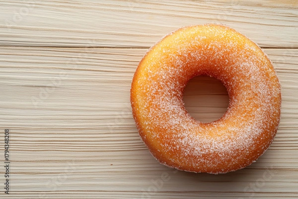 Fototapeta Top View of Sugared Cruller Donut Ring on Light Wooden Surface