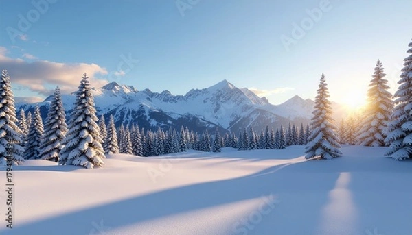 Fototapeta Serene winter sunrise paints a majestic mountain landscape, with snow-covered pine trees and untouched slopes bathed in a warm golden light, evoking natural tranquility