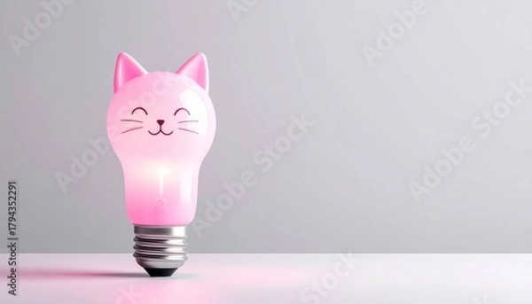 Fototapeta A creative pink light bulb shaped like a cute cat's head glowing on a minimalist background, symbolizing a fun idea or innovation