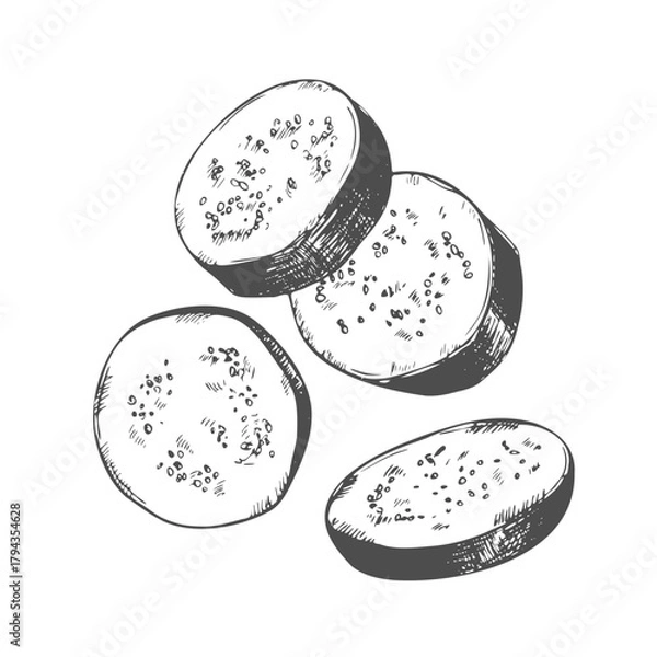 Fototapeta Sliced eggplant hand drawn ink sketch isolated on white background