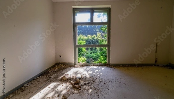 Fototapeta Abandoned room with dirt and debris in front of a large window overlooking a green forest