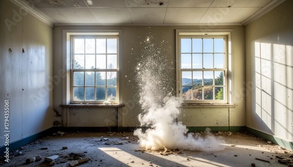 Fototapeta Dust and debris explode in an abandoned room with sunlit windows and scattered objects