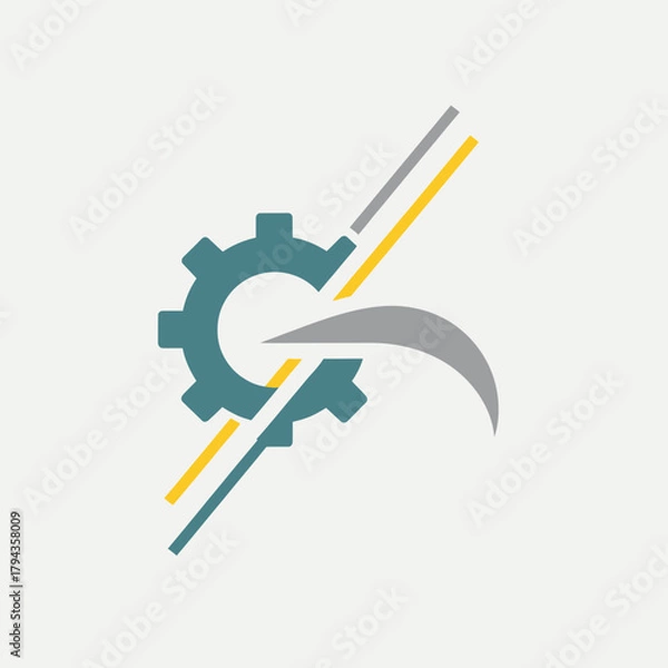 Fototapeta Abstract logo design featuring a gear, diagonal lines, and a swoosh on a light grey background.