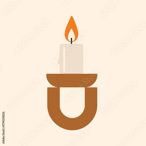 Fototapeta A minimalist illustration of a lit candle in a modern, abstract brown candlestick holder.