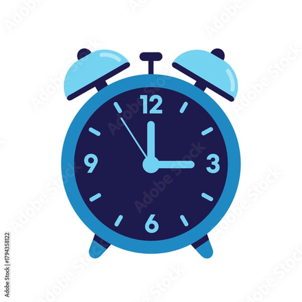 Fototapeta A blue alarm clock with two bells on top, showing the time of three o'clock.