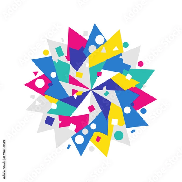 Fototapeta A vibrant abstract geometric starburst explosion with colorful shapes and confetti on a white background.