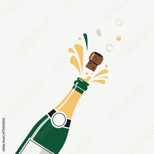 Fototapeta A green champagne bottle with a cork popping out and splashing liquid and bubbles against a white background.