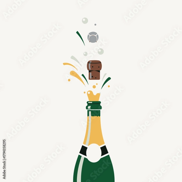 Fototapeta A champagne bottle with its cork popping off, releasing bubbles and liquid.