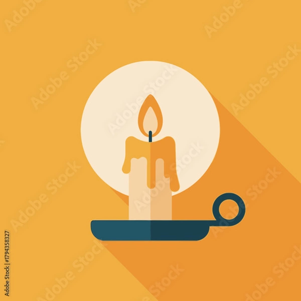 Fototapeta Flat design illustration of a lit candle in a holder with a long shadow against an orange background.