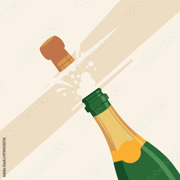 Fototapeta Champagne bottle popping its cork with bubbles and a celebratory splash, an illustration of festive joy.
