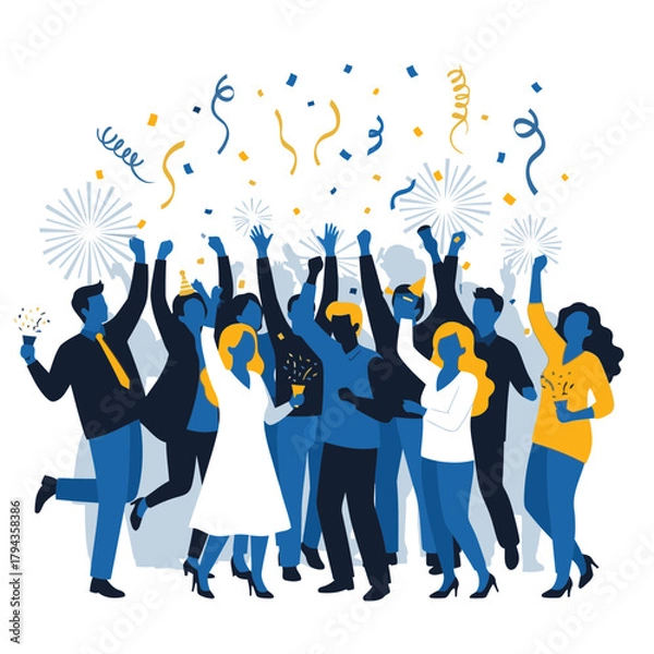 Fototapeta Illustration of a diverse group of people celebrating with confetti and fireworks, joyful moment.