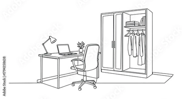 Fototapeta A simple sketch depicting a desk chair wardrobe and study lamp in a room