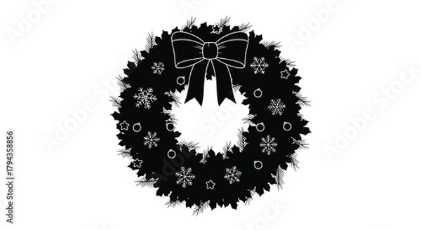 Fototapeta A simple black and white illustration of a christmas wreath with a bow