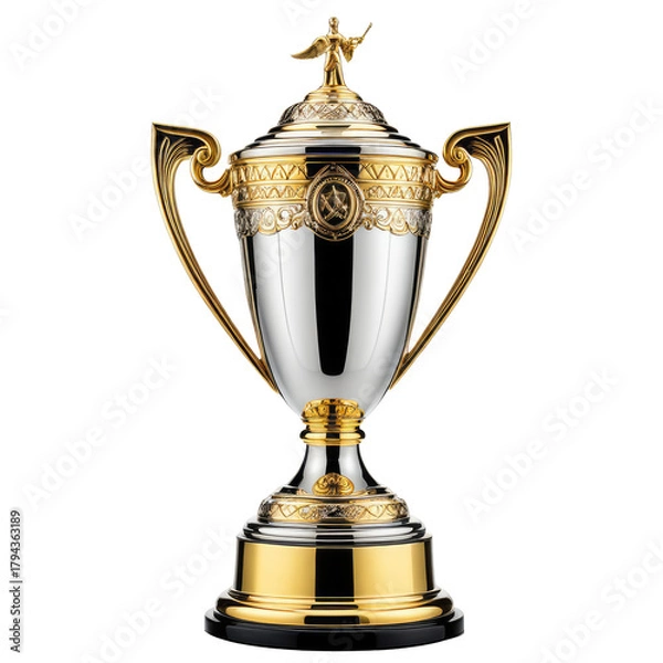 Fototapeta Ornate trophy silver body, gold trim, detailed design. Finial on the lid