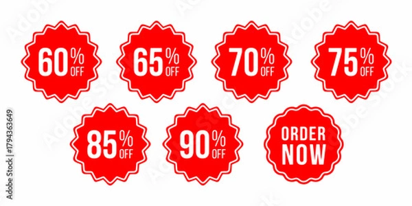 Obraz Set of collection discount sale labels white color vector illustration. Shopping discount amount with discount 60, 70, 80, 90, 100%