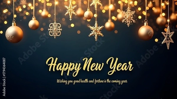 Fototapeta Elegant golden new year decorations and sparkling lights