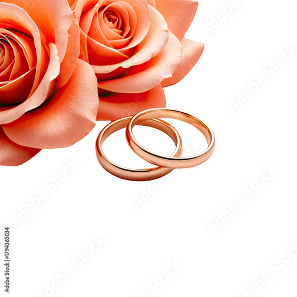 Fototapeta Roses accent two interlocked gold wedding rings on a black backdrop