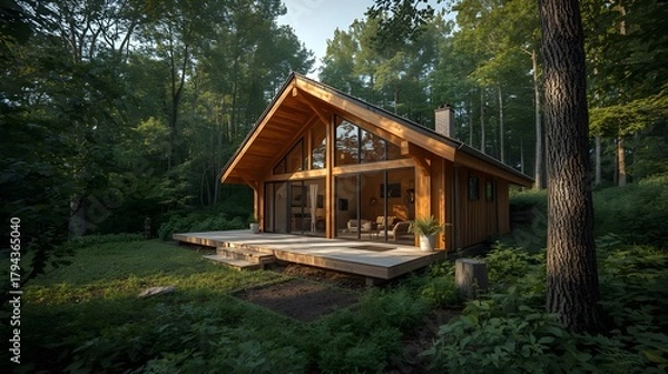 Obraz Luxury wooden cabin surrounded by dense green forest, large glass windows, warm sunlight, modern rustic architecture, peaceful nature atmosphere, ultra-realistic high.