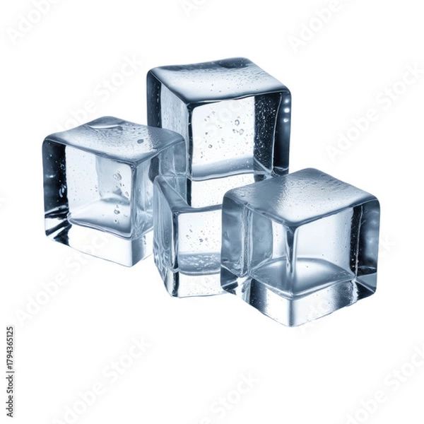 Fototapeta Stack of four clear, melting ice cubes on a black background