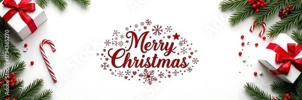 Fototapeta Festive merry christmas greeting with ornate red typography and evergreen border