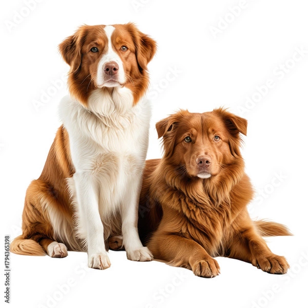 Obraz Two dogs, one upright, one lying, with light and reddish-brown fur