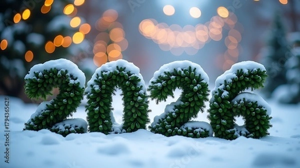 Fototapeta Snow covered evergreen numbers forming the year 2023 with festive bokeh lights