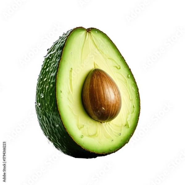 Fototapeta Avocado cut in half, seed visible, dark background, covered in water drops