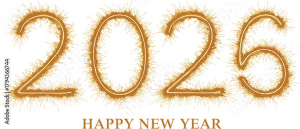 Fototapeta Sparkler style 2026 typography, golden fireworks texture inside numbers, elegant happy new year celebration design for greetings, posters, banners, invitations, marketing