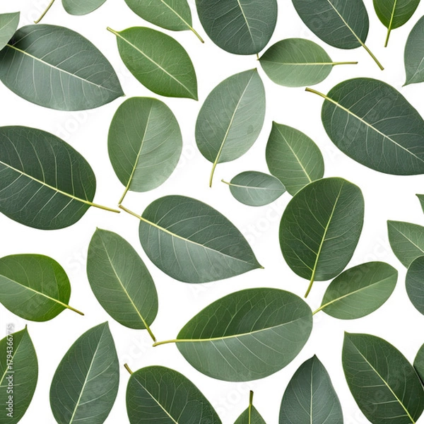 Obraz Eucalyptus leaves. Green foliage arranged against a dark background