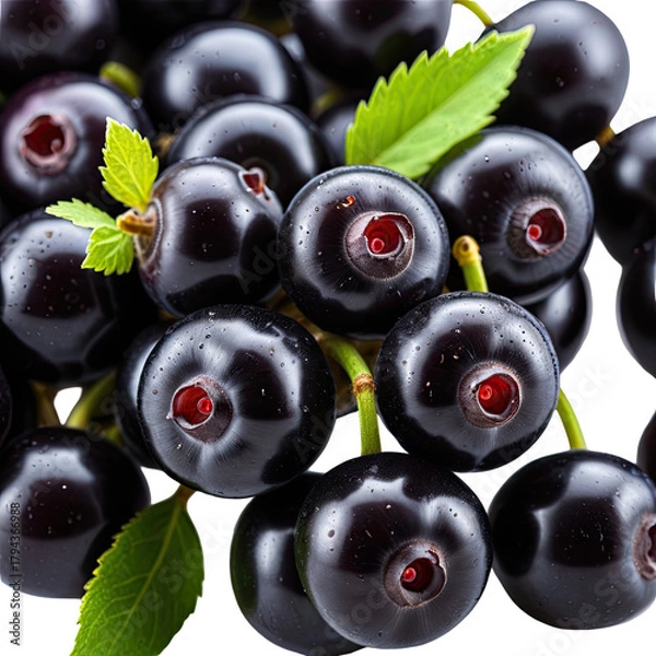 Obraz Pile of fresh black berries, with leaves, stems and a deep red centre