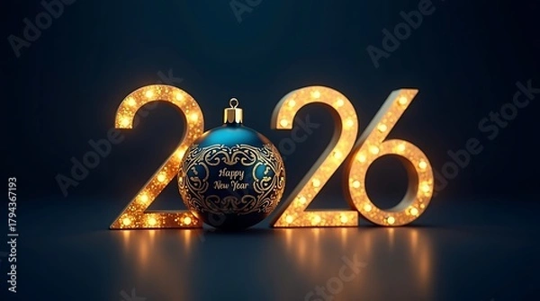 Fototapeta Glowing 2026 numbers illuminated with festive lights and a decorative ornament