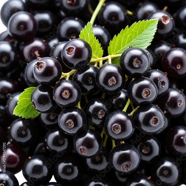 Obraz Ripe black elderberries with leaves close-up, small heap food