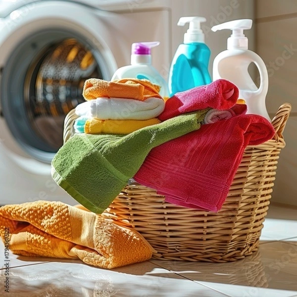 Obraz A laundry basket filled with a variety of colorful bright clothes stands in the bathroom against the background of a washing machine.