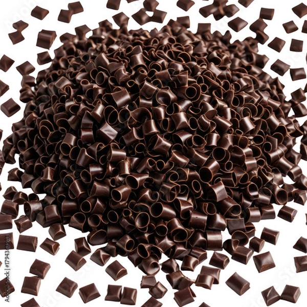 Fototapeta Pile of small, ring-shaped, dark brown chocolate pieces scattered around