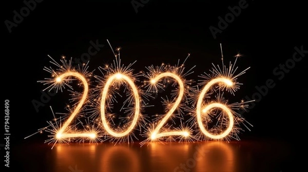 Fototapeta Sparkling 2026 numbers illuminated by fireworks against a dark background