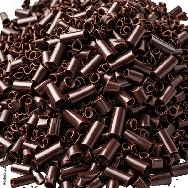 Obraz Chocolate shavings pile. Dark brown, curled, shiny pieces. Food close-up