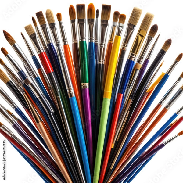 Fototapeta Assortment of art paint brushes in a fan pattern on black background