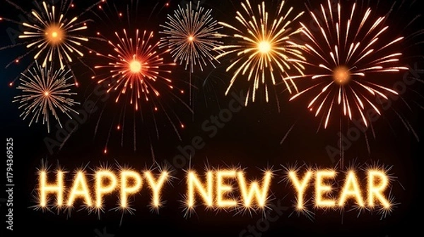 Fototapeta Sparkling happy new year fireworks display illuminating the night sky