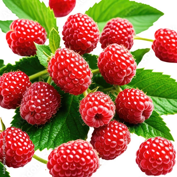 Fototapeta Lush red raspberries scattered with green leaves on a black background