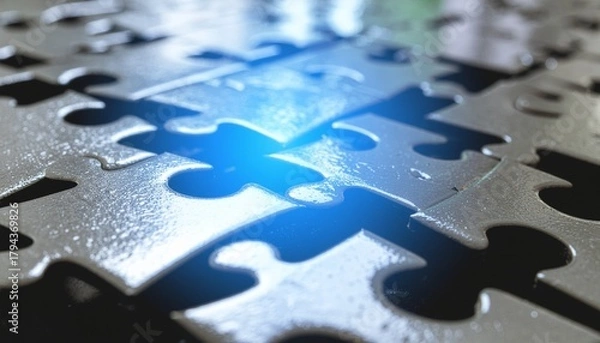 Fototapeta Metallic puzzle pieces with a glowing blue connection point, symbolizing business integration and system solution.