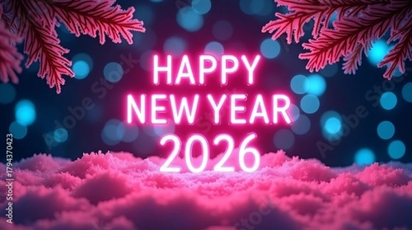 Fototapeta Vibrant neon happy new year 2026 greeting with festive snow and fir branches